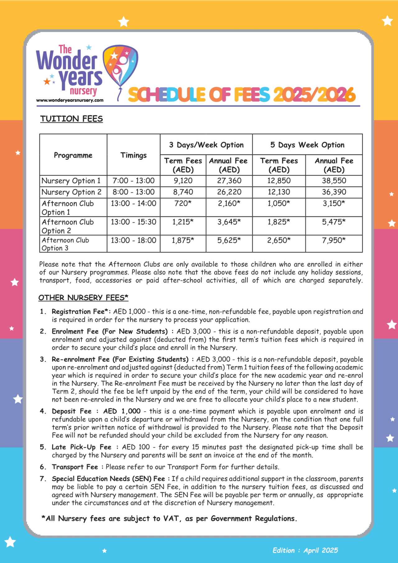 The Wonder Years Nursery Dubai Fee Structure